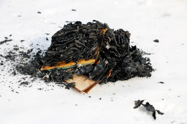 burning book in the snow. pages with the text in the open book burn with a bright flame.