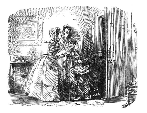 istock British satire comic cartoon caricatures illustrations - Two women by a door saying goodbye 1183092583