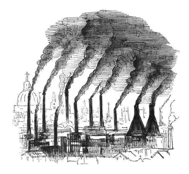 British satire comic cartoon caricatures illustrations - Dark dirty smoke coming from multiple smoke stacks From Punch's Almanack punch puppet stock illustrations