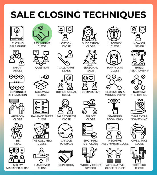 SaleClosingTechniques64px36icons.eps Sale closing techniques detailed line icons set in modern line icon style for ui, ux, web, app design car dealer icon stock illustrations