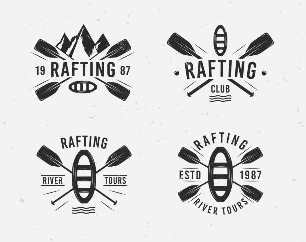 illustrazioni stock, clip art, cartoni animati e icone di tendenza di set logo rafting con zattera, pagaie incrociate e sagome di montagna. tipografia vintage. illustrazione vettoriale - wooden raft illustrations