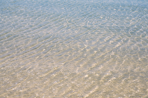 Wallpaper of clear sea water texture surface waving shallowed on the beach background in Bahrain island.