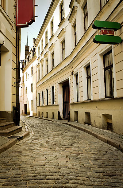 Empty street in the old center, Riga, Latvia stock photo