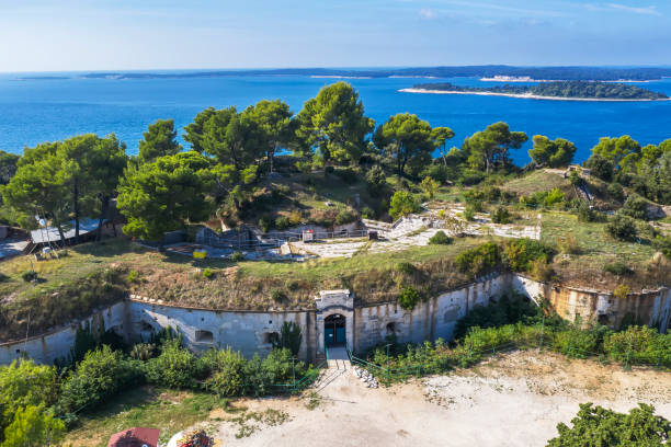 an aerial view of punta christo - martello towers imagens e fotografias de stock