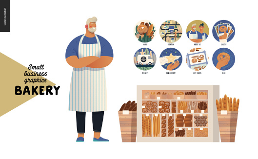 Bakery -small business illustrations -bakery owner -modern flat vector concept illustration of a baker wearing apron, website template elements - icons, showcase and two wooden boxes full of bread