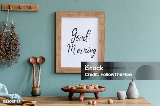 istock Interior design of dining room with mock up poster frame, kitchen accessories, herbs and elegant accessories. Eucaltyptus color concept. Template. Ready to use. Stylish scandinavian home decor. 1183095135