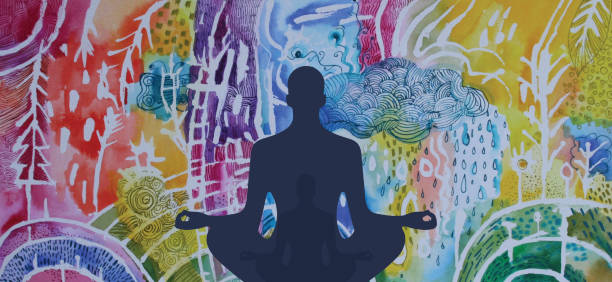 Alpha Mind Power Concept Silhouette of a man meditating in lotus pose placed on vectorized abstract watercolor background. meditation stock illustrations