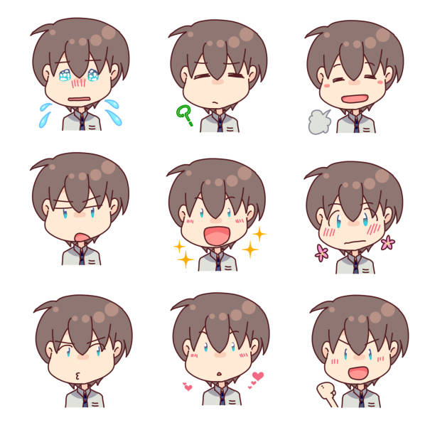 Boy facial expression material set Cartoon material set that summarizes the expressions of male students relieved face stock illustrations