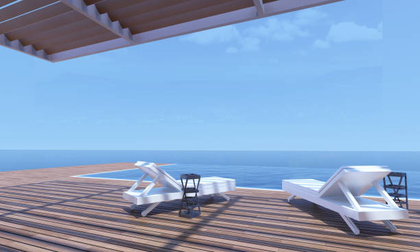 istock 3D image from an house with pool, sun beds at side of. 1183100594