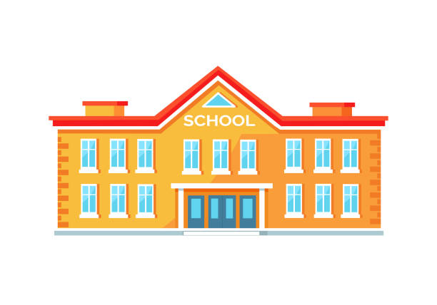 Colorful Brick School Building Vector Illustration Yellow school building with entrance in middle with wide amount of windows and red roof. Vector illustration isolated on white background schoolhouse stock illustrations