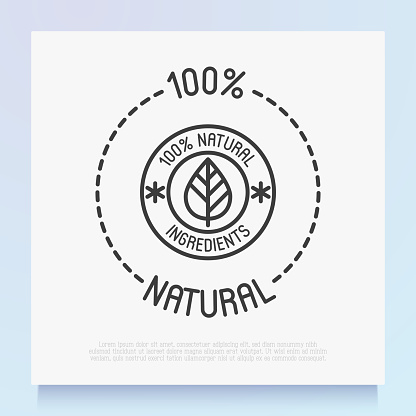 100 percent natural ingredients symbol. Thin line icon for package of organic product. Modern vector illustration.