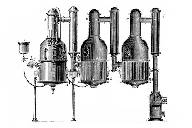 ilustraciones, imágenes clip art, dibujos animados e iconos de stock de ilustración antigua grabada de destilación al vacío para aparatos de agua - alambique