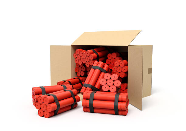 3d rendering of tnt dynamite sticks in carton box. Explosive supplies. Dangerous cargo. Plotting terrorist attack.
