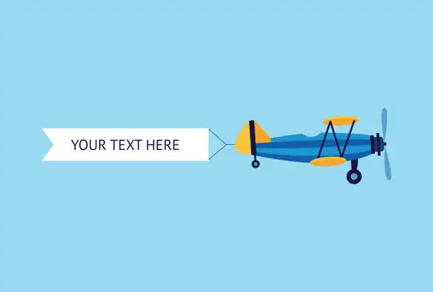 Vector illustration of Plane or biplane with the ribbon banner flat vector illustration isolated on blue.
