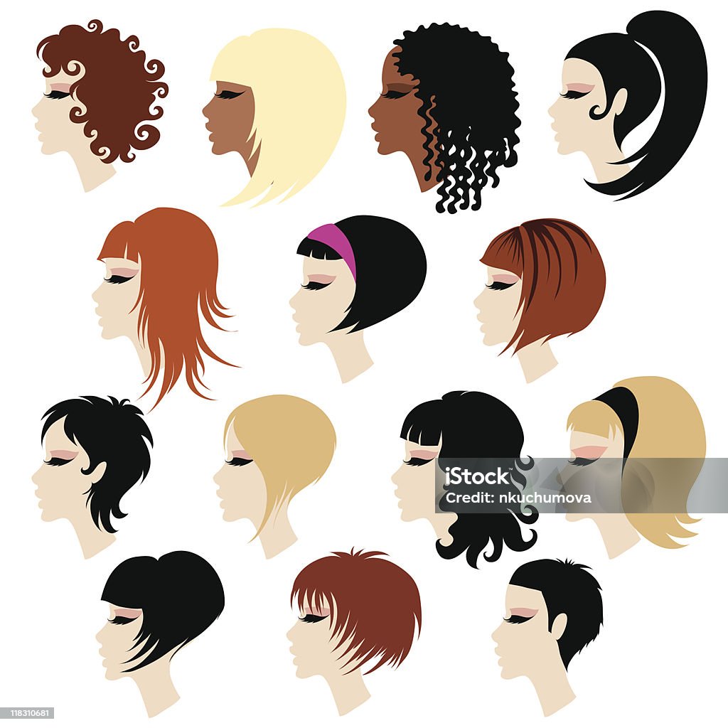 Wektor zestaw Czarne włosy styl dla kobiet - Grafika wektorowa royalty-free (Brązowe włosy)