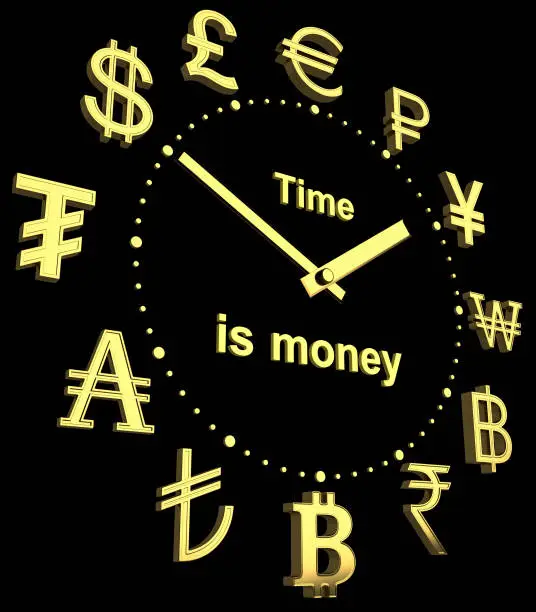 Golden dial with golden currency signs of different countries and a text - Time is money. Bottom right view. 3d rendering. The illustration is isolated on a black background.