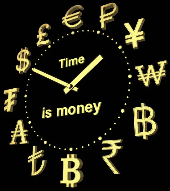 Golden dial with golden currency signs of different countries and a text - Time is money. View from the bottom left. The illustration is isolated on a black background. 3d rendering.