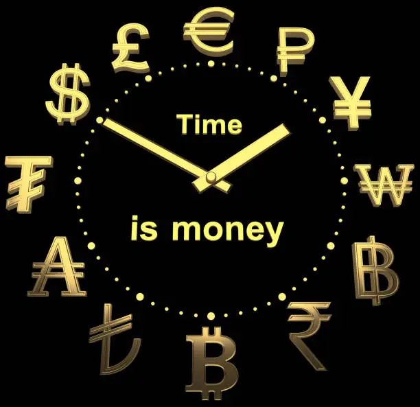 Golden dial with golden currency signs of different countries and a text - Time is money. Front view from below. 3d rendering. The illustration is isolated on a black background.