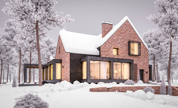 istock 3d rendering of modern clinker house on the ponds with pool in evening night 1183109227