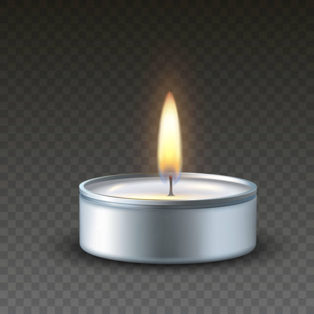 어두운 배경에 현실적인 벡터 3d 굽기 차 촛불 - tea light candle white single object stock illustrations