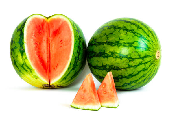 istock Studio shot mini organic watermelon with slice cuts isolate on white 1183112693