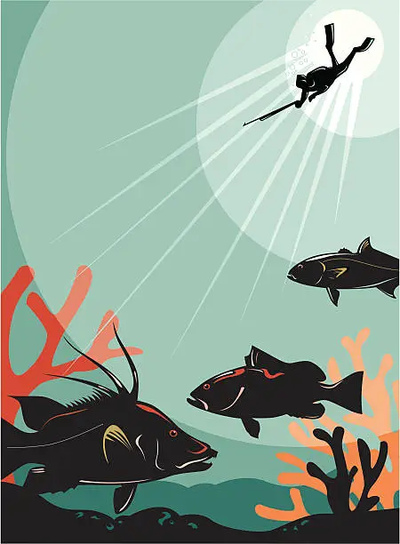 Vector illustration of Spearfishing underwater