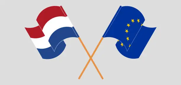 Vector illustration of Crossed and waving flags of Netherlands and the EU