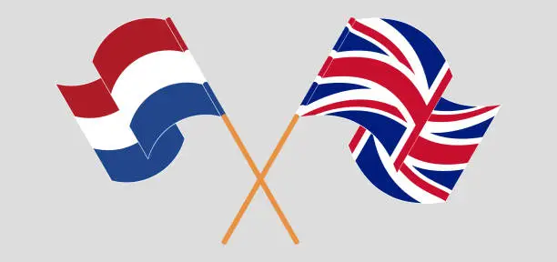 Vector illustration of Crossed and waving flags of Netherlands and the UK