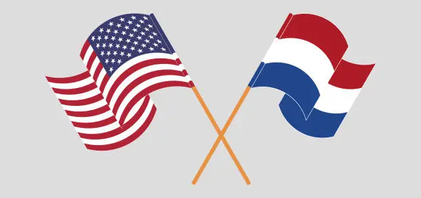 Vector illustration of Crossed and waving flags of Netherlands and the USA