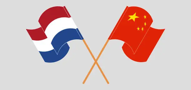 Vector illustration of Crossed and waving flags of Netherlands and China