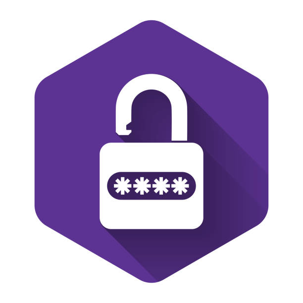 White Password protection and safety access icon isolated with long shadow. Lock icon. Security, safety, protection, privacy concept. Purple hexagon button. Vector Illustration White Password protection and safety access icon isolated with long shadow. Lock icon. Security, safety, protection, privacy concept. Purple hexagon button. Vector Illustration enter key computer keyboard computer key white stock illustrations