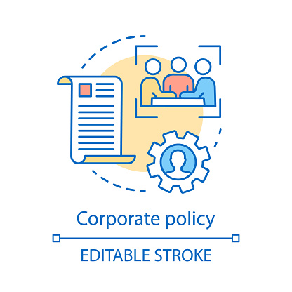 Corporate policy concept icon. Core values idea thin line illustration. Teamwork. Meeting, conference. Board of directors. Corporate governance. Vector isolated outline drawing. Editable stroke