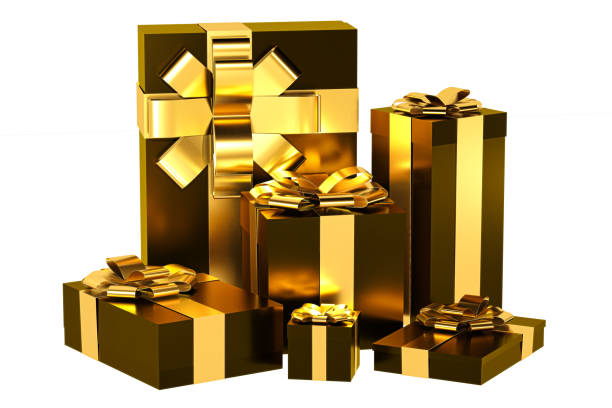 istock Golden gift boxes with ribbon isolated on white background, 3D rendering 1183118064