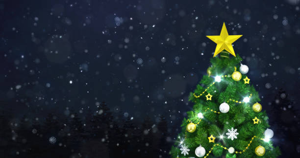 istock Decorated Christmas tree in winter snowy forest at night snowfall, top tree closeup view 1183118223
