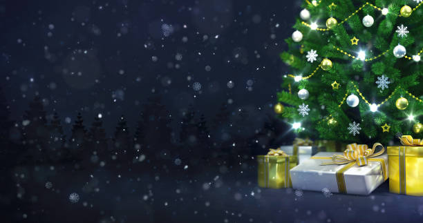 istock Decorated Christmas tree in winter snowy forest at night snowfall, bottom tree view 1183118267