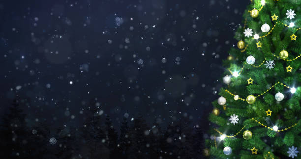 istock Decorated Christmas tree in winter snowy forest at night snowfall, right side closeup 1183118310