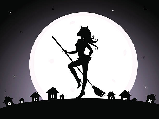 illustrations, cliparts, dessins animés et icônes de halloween: sexy sorcière balai de danse avec son - sensuality halloween witch devil