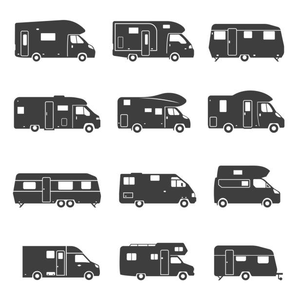 Camping trucks black glyph icons vector set Camping trucks black glyph icons vector set. Various tourist buses, trailers silhouette symbols. Outdoor recreation, camping caravan, road trip. Recreational vehicles isolated illustrations rv stock illustrations