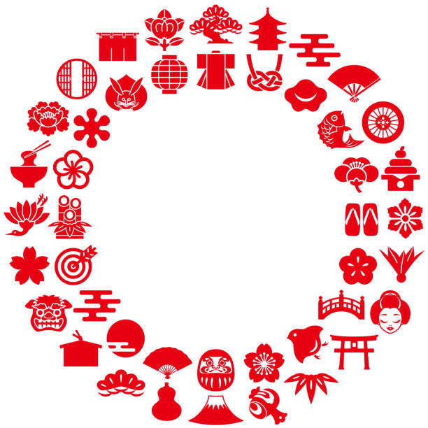 Japanese icons in circle frame. Set of Japanese new year’s icons in circle frame. shinto shrine stock illustrations