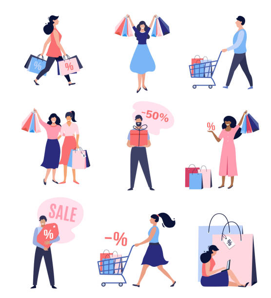 alışveriş çantaları ve arabaları ile insanların koleksiyonu. - shopping stock illustrations