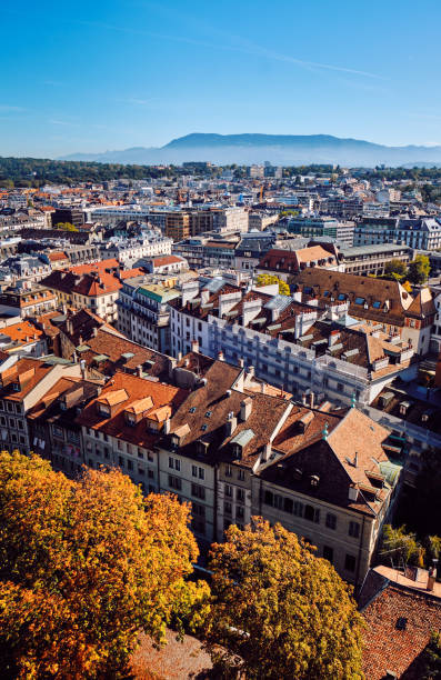 Top view on the roofs of old buildings in Geneva, Switzerland. Top view on the roofs of old buildings in the center the old city. Geneva, Switzerland. switzerland zurich architecture church stock pictures, royalty-free photos & images