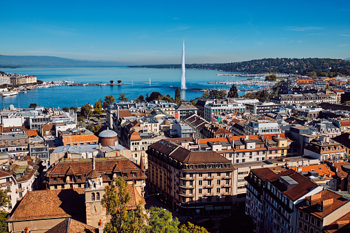 Top view of the city, lake and the highest fountain in Geneva.