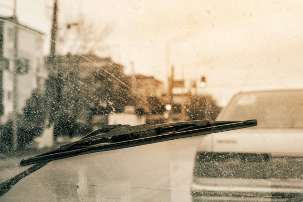istock Windshield wipers from inside of car, season rain. 1183125533