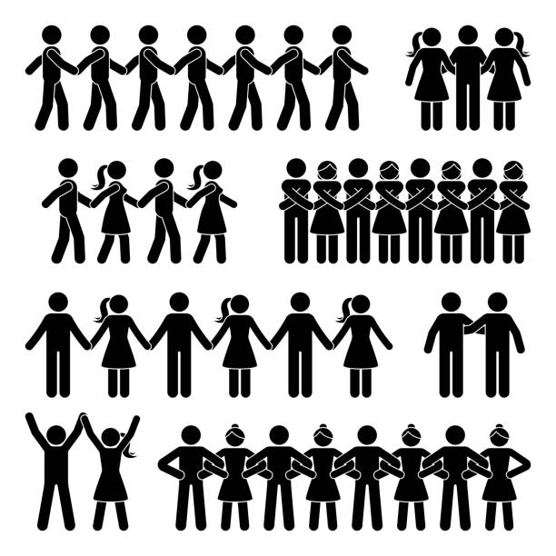 ●スティックフィギュアチェーンの人が手を握っているベクトルアイコンピクトグラムセット。白い背景に男女チーム応援グループ姿勢シルエット - circle human hand friendship sign点のイラスト素材／クリップアート素材／マンガ素材／アイコン素材