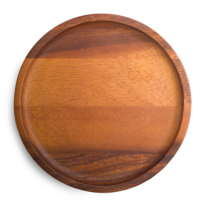 Wooden tray with beautiful patterns isolated on white background with clipping path. Top view.