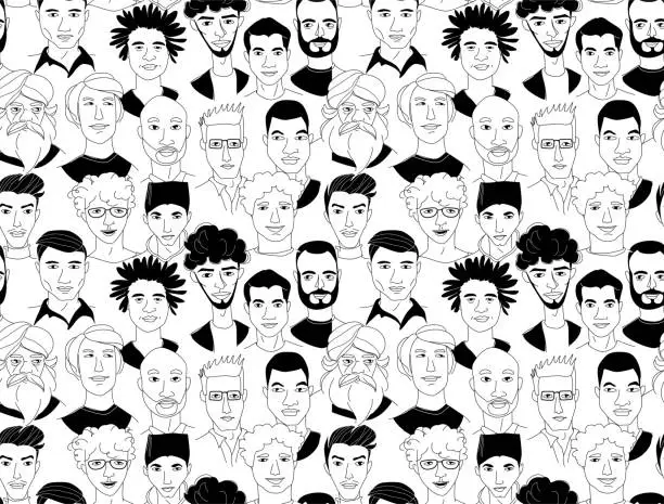 Vector illustration of Men's head seamless pattern background grunge line drawing doodle poster