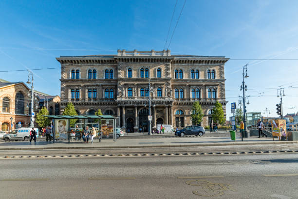 Budapest, Hungary - October 01, 2019: Part view of Corvinus University of Budapest – beautiful historic building in neo-Renaissance architecture style – part of the Unesco Heritage site.