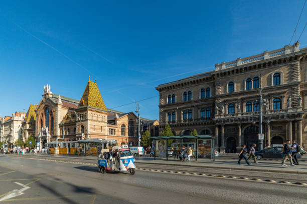 ブダペストのグレートマーケットホールとコルビナス大学. - corvinus university ストックフォトと画像