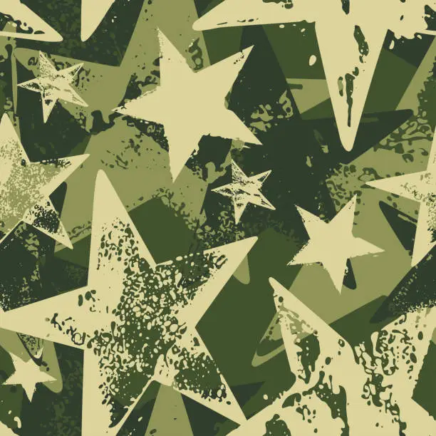 Vector illustration of Seamless vector brushstroke camouflage pattern with green stars isolated on dark green background.