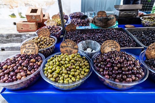 Olive stand in a farmer market on a street in Athens, Greece